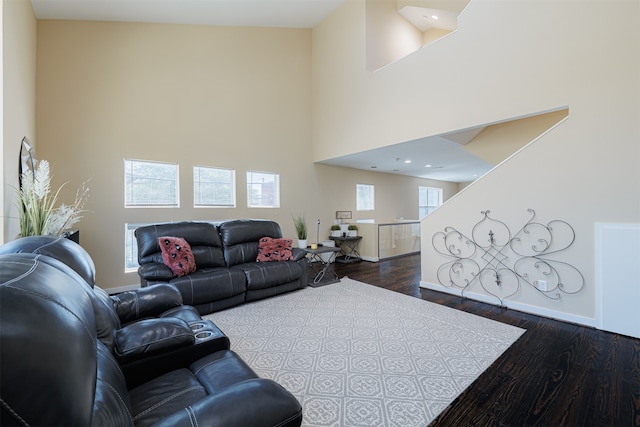 living room featuring high vaulted ceiling and dark hardwood / wood-style flooring