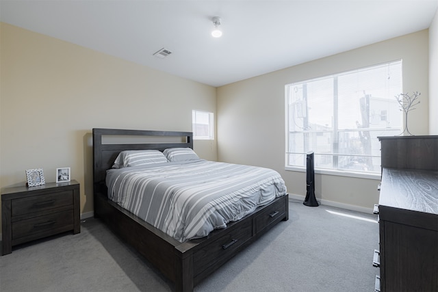 bedroom featuring multiple windows and light colored carpet