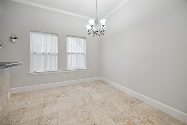 unfurnished room with a notable chandelier and crown molding