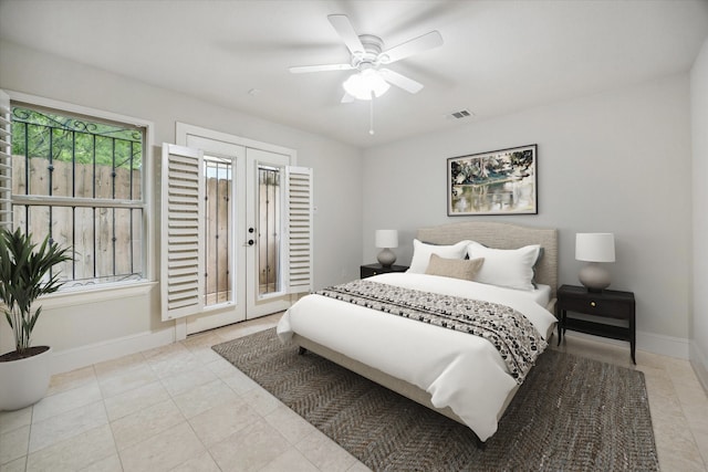 bedroom with ceiling fan, access to outside, and light tile patterned floors