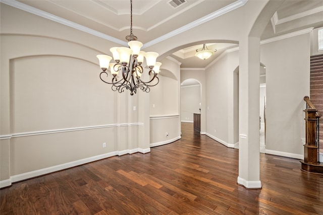 interior space with ornamental molding, dark hardwood / wood-style floors, and a notable chandelier