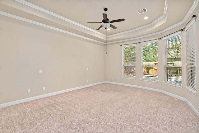 spare room with ceiling fan, a raised ceiling, crown molding, and carpet