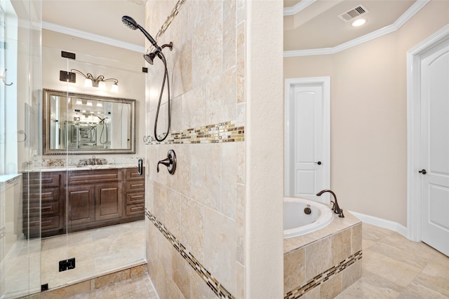 bathroom featuring independent shower and bath, vanity, and ornamental molding