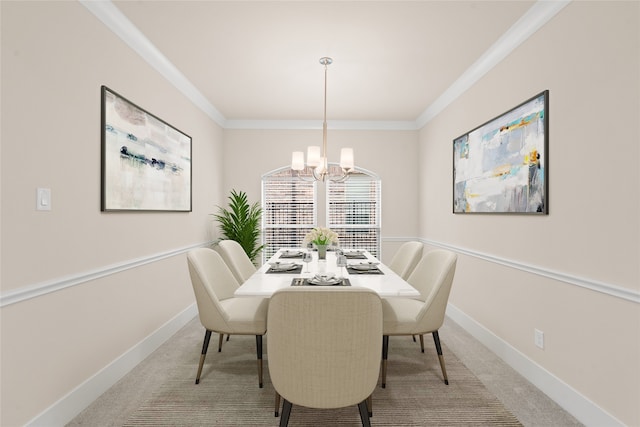 dining area featuring a notable chandelier, crown molding, and carpet flooring