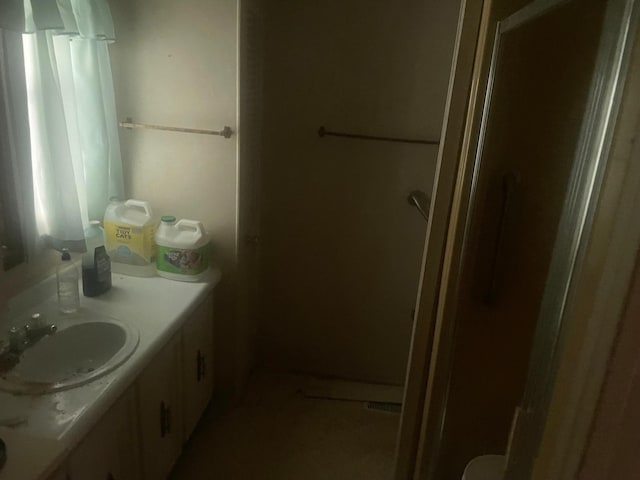 bathroom featuring vanity and an enclosed shower