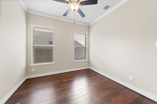 unfurnished room with ornamental molding, dark hardwood / wood-style floors, and ceiling fan