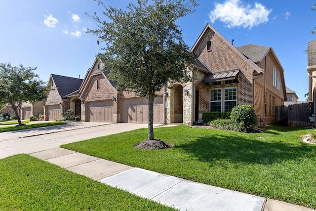 view of front of home with a garage and a front lawn