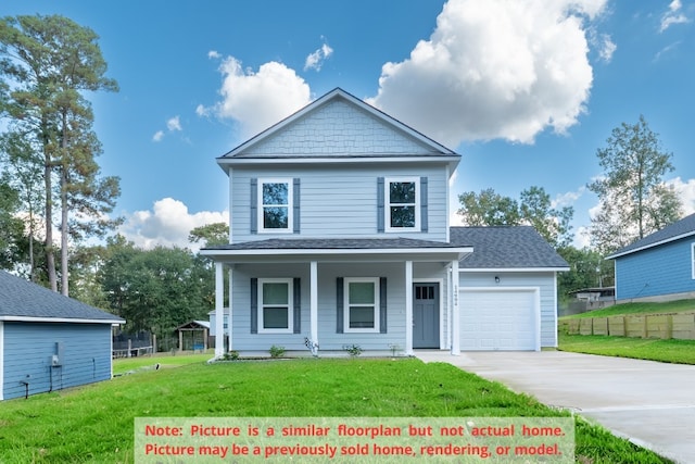 view of front of property with a porch, a garage, and a front lawn