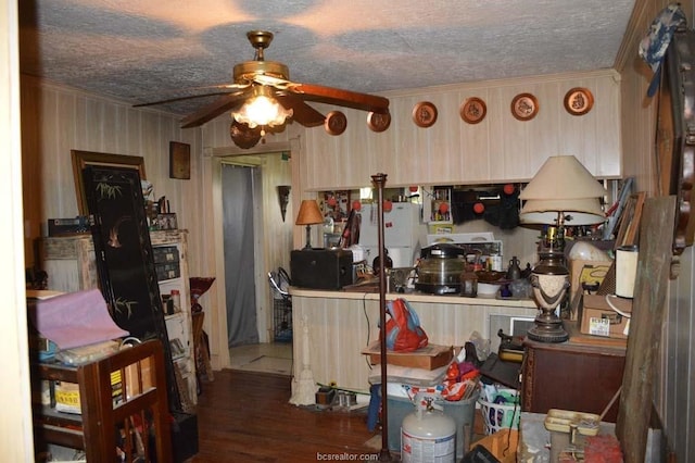 kitchen with light brown cabinets, a textured ceiling, ceiling fan, ornamental molding, and dark hardwood / wood-style floors