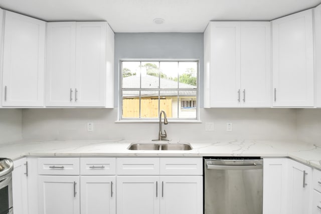 kitchen with white cabinets, dishwasher, light stone counters, and sink