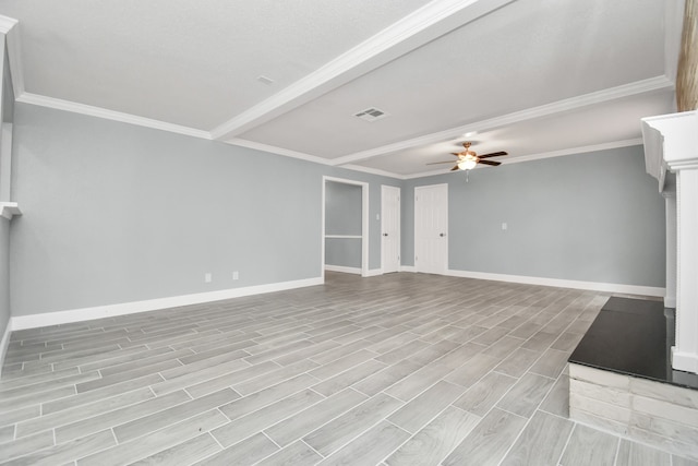 unfurnished living room featuring ornamental molding, light wood-type flooring, ceiling fan, and beamed ceiling