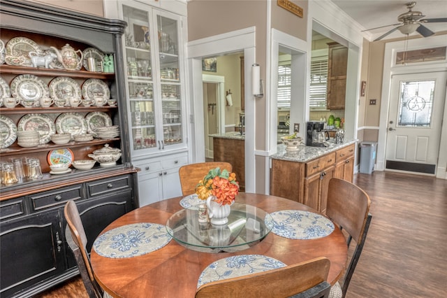 dining space featuring ceiling fan, dark wood-type flooring, and crown molding