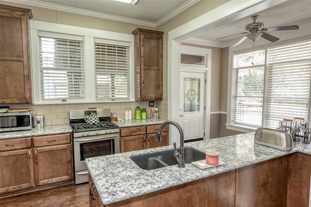 kitchen featuring dark wood-type flooring, light stone counters, stainless steel appliances, ceiling fan, and sink