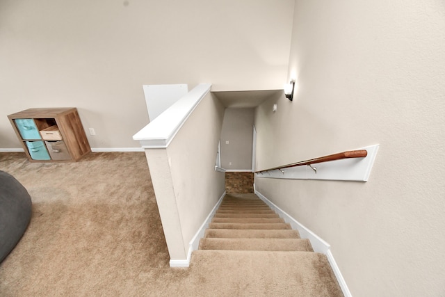 stairs featuring carpet flooring