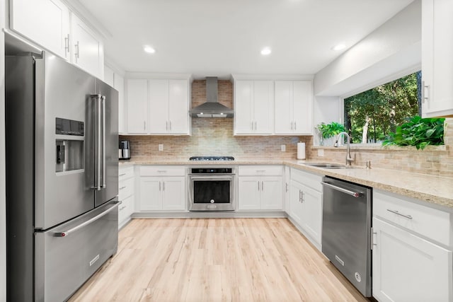 6711 River Lodge Dr, Spring, TX 77379 - kitchen featuring wall chimney range hood, decorative backsplash, a sink, white cabinets, and stainless steel appliances