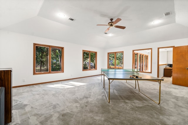 playroom featuring lofted ceiling, plenty of natural light, and carpet floors