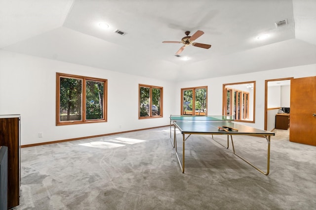 6711 River Lodge Dr, Spring, TX 77379 - recreation room with carpet floors, ceiling fan, visible vents, and vaulted ceiling