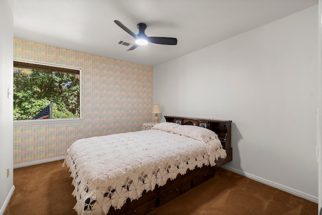 carpeted bedroom featuring ceiling fan