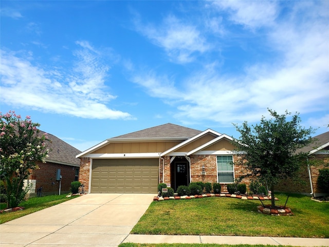 single story home with a front yard and a garage