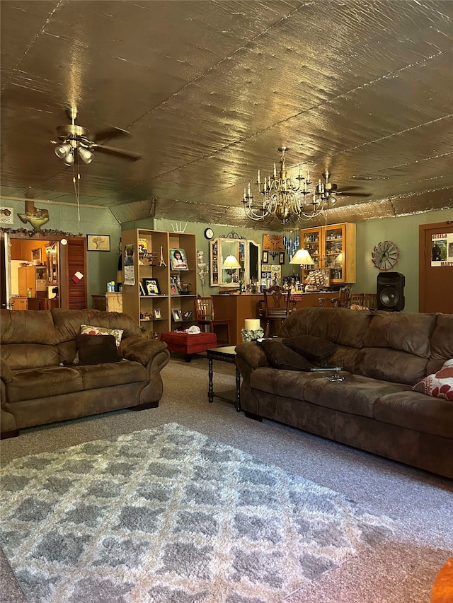 carpeted living room with ceiling fan