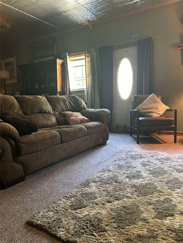 carpeted living room featuring a fireplace