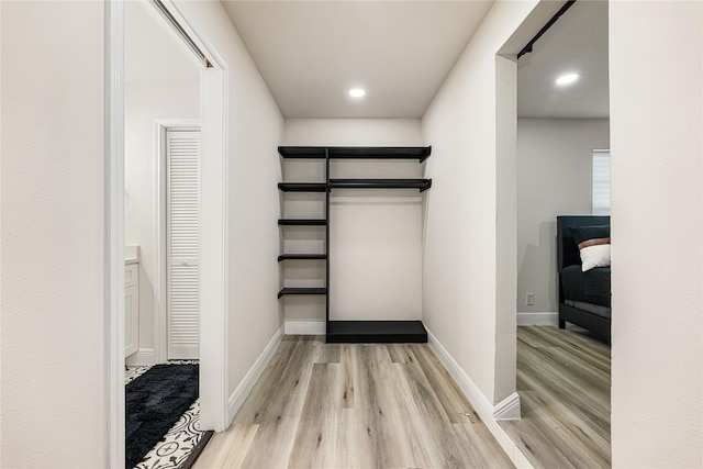 walk in closet with light wood finished floors