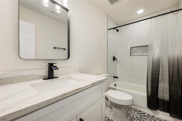 full bathroom with shower / bath combo, visible vents, vanity, and toilet