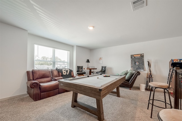 game room with light carpet and billiards