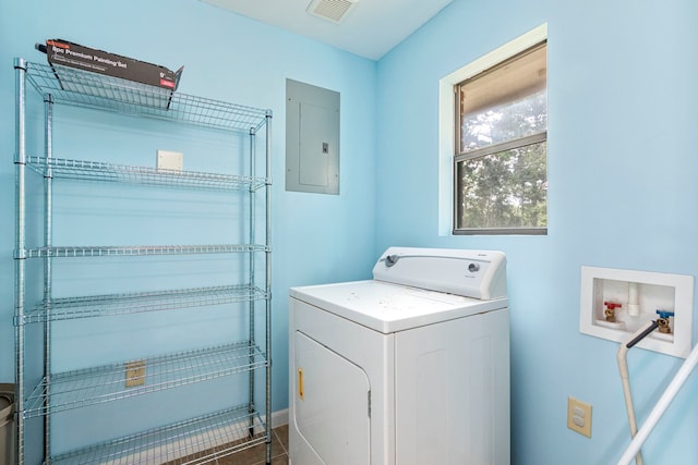 laundry room with washer / clothes dryer, electric panel, and tile patterned flooring