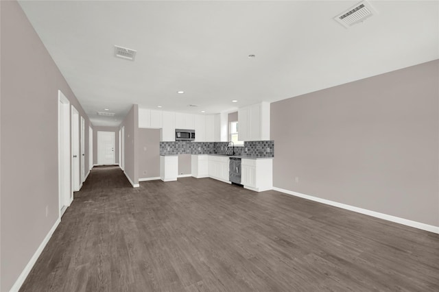 unfurnished living room with dark hardwood / wood-style floors and sink