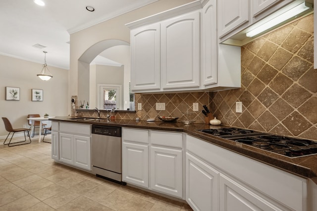 kitchen with stainless steel dishwasher and white cabinetry