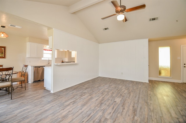 unfurnished living room featuring high vaulted ceiling, ceiling fan, light hardwood / wood-style floors, and beamed ceiling