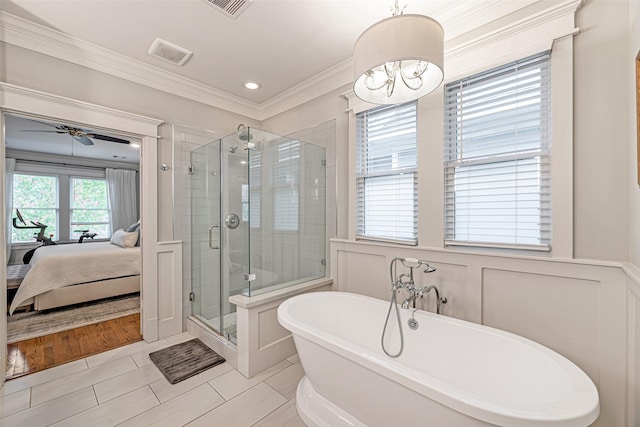 bathroom with independent shower and bath, ornamental molding, and ceiling fan