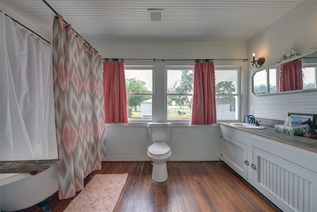 bathroom featuring vanity, toilet, and hardwood / wood-style flooring