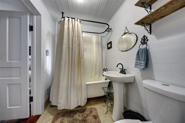 bathroom with toilet, tile patterned floors, and shower / bath combination with curtain