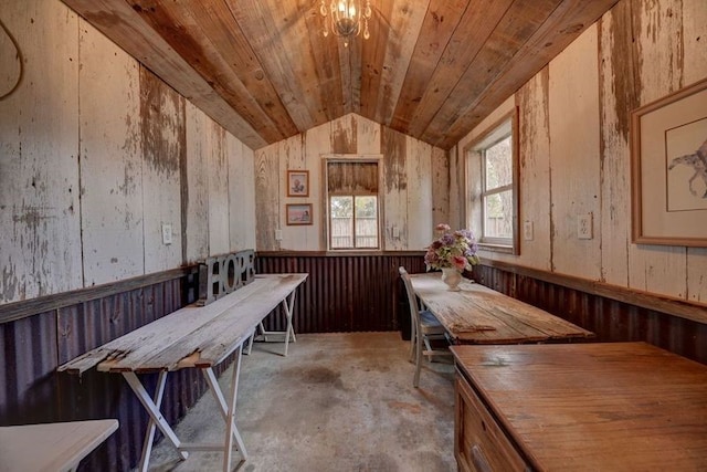 interior space featuring wooden walls, lofted ceiling, and wooden ceiling