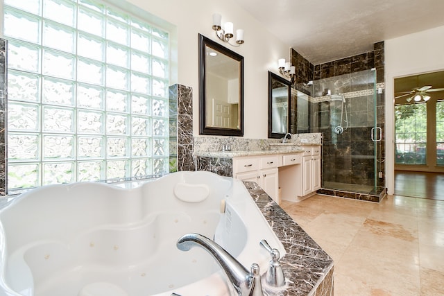 bathroom with vanity, ceiling fan, and plus walk in shower