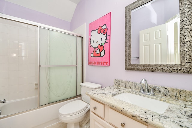 full bathroom with enclosed tub / shower combo, lofted ceiling, vanity, and toilet