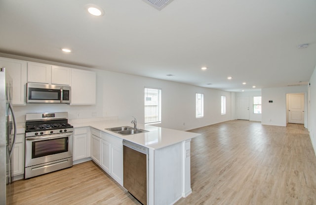 kitchen featuring white cabinets, sink, kitchen peninsula, stainless steel appliances, and light wood-type flooring