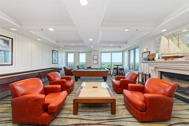 playroom featuring pool table, ornamental molding, and coffered ceiling