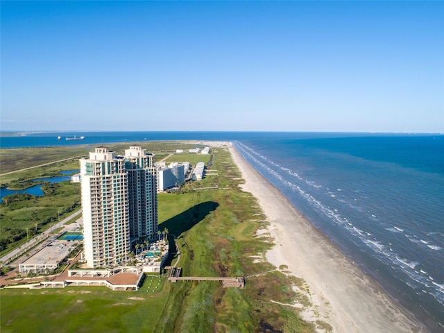 aerial view with a water view and a view of the beach