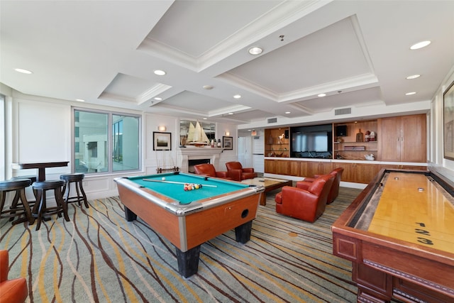 rec room with coffered ceiling, light colored carpet, ornamental molding, and billiards