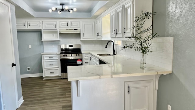 kitchen featuring white cabinets, sink, kitchen peninsula, and stainless steel stove