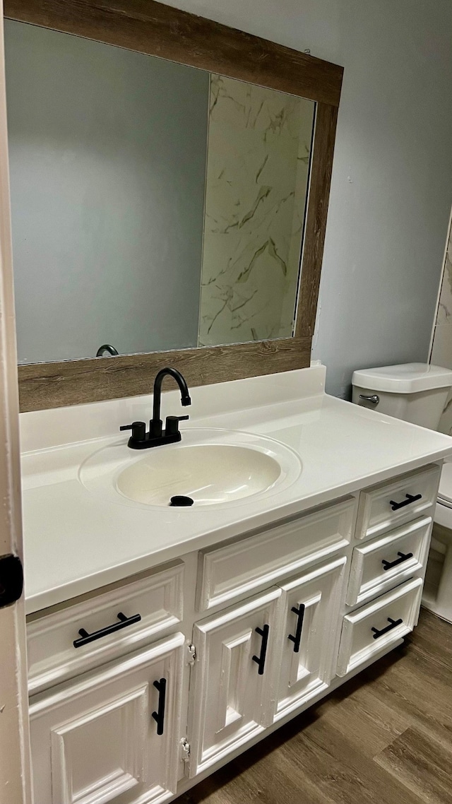 bathroom with vanity, toilet, and wood-type flooring