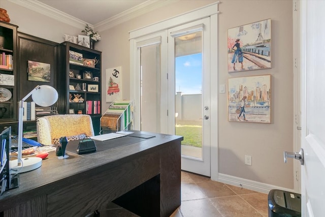 tiled office space with ornamental molding and a wealth of natural light