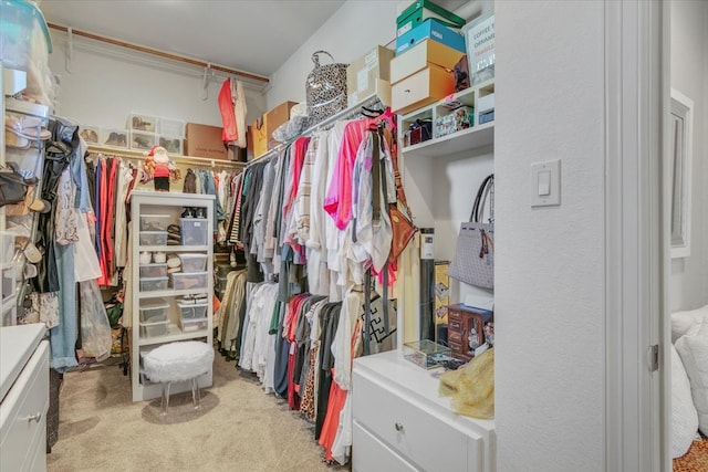 walk in closet with light carpet