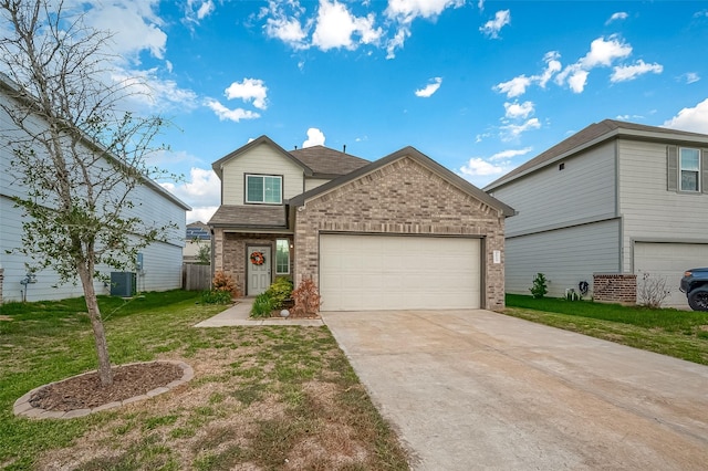 view of front of home with a garage, a front lawn, and central air condition unit