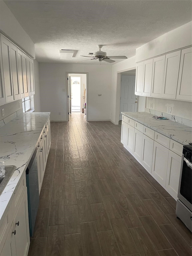 kitchen with ceiling fan, white cabinets, light stone counters, stainless steel appliances, and dark hardwood / wood-style floors