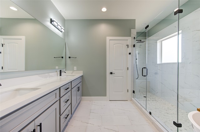 bathroom with shower with separate bathtub and vanity