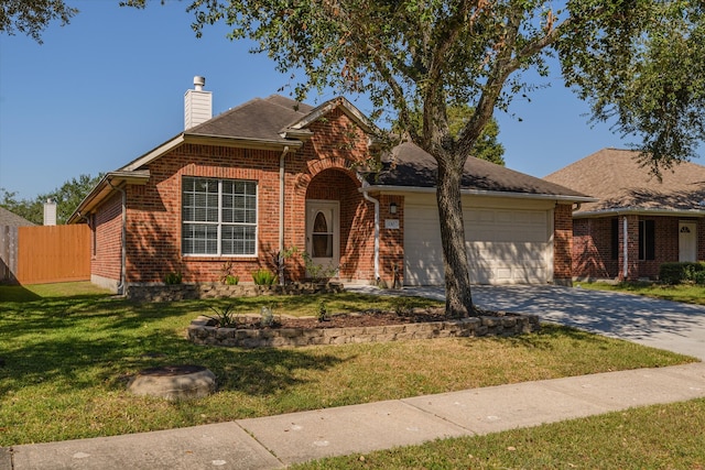 single story home with a garage and a front lawn